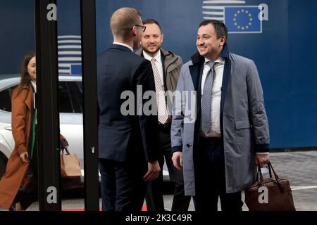 Bruxelles, Belgique. 26th septembre 2022. Le ministre ukrainien de l'agriculture, Mykola Solsky, se présente au Conseil de l'agriculture et de la pêche de l'Union européenne à Bruxelles, en Belgique, à l'occasion de l'26 septembre 2022. Crédit: ALEXANDROS MICHAILIDIS/Alamy Live News Banque D'Images