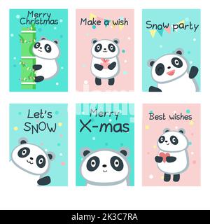 Cartes de vœux de Noël à motif panda. Modèles vectoriels de cartes de Noël pour enfants avec flocons de neige, pandas amusants avec bambou, boîte cadeau, coeur, corde Illustration de Vecteur