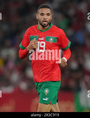 Youseff en-Nesyri, du Maroc, lors du match international entre le Maroc et le Chili, a joué au stade RCDE sur 23 septembre 2022 à Barcelone, en Espagne. (Photo de Bagu Blanco / PRESSIN) Banque D'Images