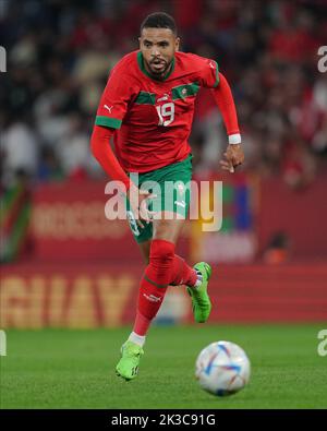 Youseff en-Nesyri, du Maroc, lors du match international entre le Maroc et le Chili, a joué au stade RCDE sur 23 septembre 2022 à Barcelone, en Espagne. (Photo de Bagu Blanco / PRESSIN) Banque D'Images