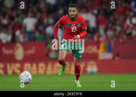 Youseff en-Nesyri, du Maroc, lors du match international entre le Maroc et le Chili, a joué au stade RCDE sur 23 septembre 2022 à Barcelone, en Espagne. (Photo de Bagu Blanco / PRESSIN) Banque D'Images