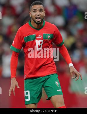 Youseff en-Nesyri, du Maroc, lors du match international entre le Maroc et le Chili, a joué au stade RCDE sur 23 septembre 2022 à Barcelone, en Espagne. (Photo de Bagu Blanco / PRESSIN) Banque D'Images