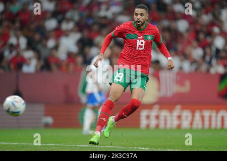 Youseff en-Nesyri, du Maroc, lors du match international entre le Maroc et le Chili, a joué au stade RCDE sur 23 septembre 2022 à Barcelone, en Espagne. (Photo de Bagu Blanco / PRESSIN) Banque D'Images