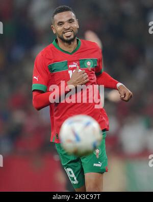 Youseff en-Nesyri, du Maroc, lors du match international entre le Maroc et le Chili, a joué au stade RCDE sur 23 septembre 2022 à Barcelone, en Espagne. (Photo de Bagu Blanco / PRESSIN) Banque D'Images