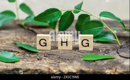 Abréviation GHG sur cubes de bois sur fond de feuilles vertes. Gaz à effet de serre. Banque D'Images