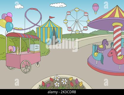 Parc d'attractions paysage graphique couleur esquisse illustration vecteur Illustration de Vecteur