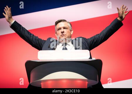 Le secrétaire des pensions du travail fantôme Jonathan Ashworth s'exprime à la Conférence du Parti travailliste à Liverpool. Date de la photo: Lundi 26 septembre 2022. Banque D'Images