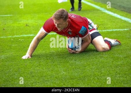 24.09.2022 Northampton, Angleterre. Rugby Union. Chris Ashton marque un essai pour les Tigers pendant le match Gallagher Round 3 joué betwe Banque D'Images