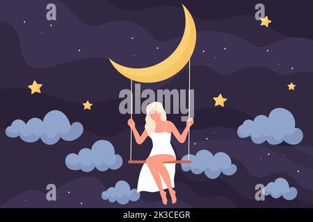 Fille assise sur balançoire suspendue de la lune à l'illustration de vecteur de nuit. Caricature jeune femme volant dans le sommeil parmi les étoiles de cosmos et silhouettes de nuages. Rêve doux, méditation, concept de coucher Illustration de Vecteur