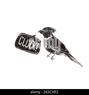 Perroquet mignon dans le style rétro de linocut, silhouette vintage d'oiseau avec bulle de parole de cluck isolée sur blanc Illustration de Vecteur