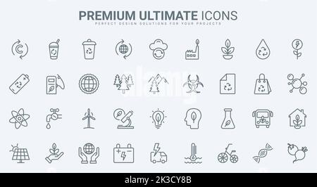 Ecologie, technologie de recyclage écologique et environnement icônes de ligne mince définir l'illustration vectorielle. Aperçu éco-maison et tourisme, voiture électrique et biocarburant, changement climatique, éco-consommation et soin de la nature Illustration de Vecteur