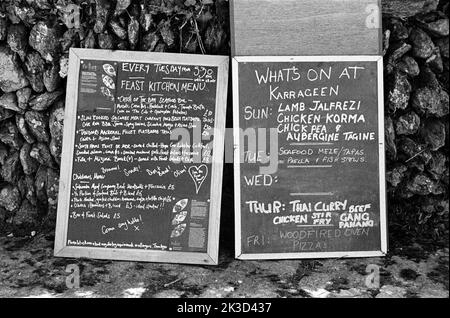 Menu tableaux noirs, camping Karrageen, Hope Cove, Kingsbridge, South Devon, Angleterre, Royaume-Uni. Banque D'Images