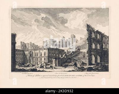 Sur le dessin sur place réalisé après le grand tremblement de terre de Lisbonne du 1er novembre 1755. Jusqu'à 40 000 à 50 000 personnes ont peut-être été tuées au Portugal, en Espagne et au Maroc, et le tsunami qui en a résulté a atteint l'Irlande dans le nord et peut-être le Brésil dans l'ouest. Sur la photo, les ruines de la Praca da patriarcal, la place patriarcale. Après un imprimé contemporain. Banque D'Images