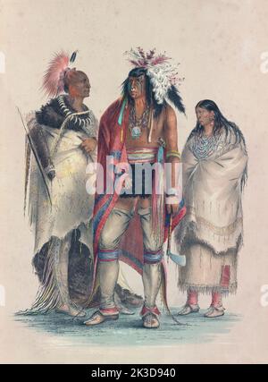 Indiens d'Amérique du Nord. De gauche à droite: Osage Warrior; Iroquois Warrior, Pawnee woman. De Catlin's North American Indian Portfolio, publié à Londres 1844 par l'artiste, l'aventurier américain George Catlin, 1796 - 1872. Au cours de nombreux voyages Catlin enregistré avec plume et brossez les coutumes et les styles de vie des tribus amérindiennes. Banque D'Images