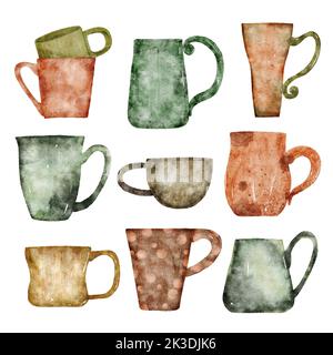 Set of hand drawn watercolor rustic mugs isolated on white Banque D'Images