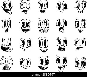 Personnages rétro de la mascotte comique. Visage de dessin animé vintage, modèle d'émotions isolées. Les avatars d'expression de différence, les visages tendance créateur snlaid vecteur Illustration de Vecteur