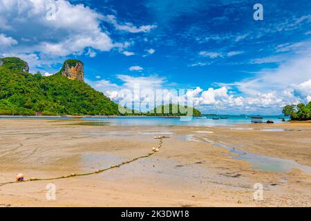 Vue panoramique sur la plage est de Railay, ville de Krabi, Thaïlande. Vue depuis l'ombre de l'arbre. Paysage avec plage de sable en premier plan et immense roo calcaire Banque D'Images