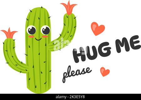 Drôle de cactus câlin. Bande dessinée mexique succulente inscription de plante citation, cactus épines gratuit tasses pour l'art de carte postale de la Saint-Valentin ou l'impression de t-shirt, texte cool coeur vecteur illustration de la conception mexicaine heureux Illustration de Vecteur