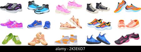 Baskets de sport à dessin animé. Groupe de chaussures de sport, chaussures de fitness design basket multicolore de l'homme actif femme marchant ou courant chaussures confortables, dessin vectoriel soigné de la mode de chaussures Illustration de Vecteur