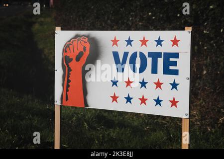 Panneau de vote fait maison avec étoiles rouges et bleues et poing surélevé sur le côté de la route Banque D'Images