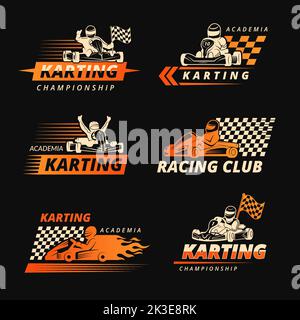 Karting. Les voitures de course arborent des emblèmes ou des logos avec des symboles de vitesse et de sport extrême. Modèles vectoriels récents Illustration de Vecteur