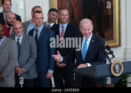 Washington, États-Unis. 26th septembre 2022. Le président des États-Unis Joe Biden accueille les braves d'Atlanta à la Maison Blanche à Washington, DC pour célébrer leur championnat de la série mondiale 2021, 26 septembre 2022. Photo de Chris Kleponis/UPI crédit: UPI/Alay Live News Banque D'Images