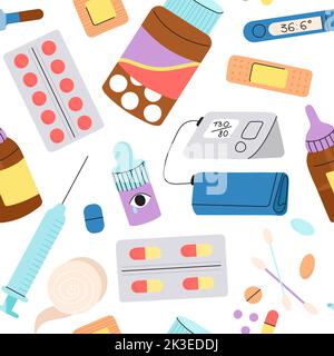 Motif sans coutures Pills. Médicaments éléments pharmaceutiques, hôpital ou médicaments. Comprimé et capsule de couleur, outils de laboratoire de médecin. Vecteur décent de pharmacie Illustration de Vecteur