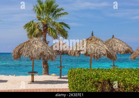 Vue magnifique sur les parasols sur la surface d'eau turquoise qui se mêle au ciel bleu à l'horizon. Aruba. Banque D'Images
