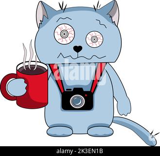 Un photographe de chat bleu de dessin animé fatigué, avec des yeux rouges irrités Illustration de Vecteur