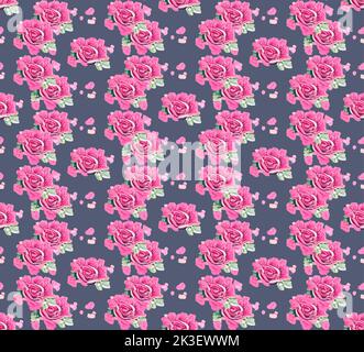 Motif vectoriel sans couture fait de fleurs roses roses avec des feuilles sur le gris Illustration de Vecteur