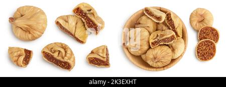 figuier séché dans un bol en bois isolé sur fond blanc. Vue de dessus. Pose à plat Banque D'Images