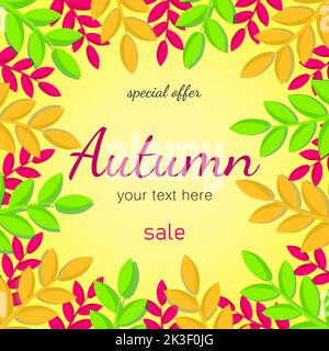 Modèles d'art tendance à l'automne abstrait avec cadres carrés et feuilles de couleur. Adapté aux publications sur les réseaux sociaux, aux applications mobiles, à la conception de bannières et au Web, à Internet Illustration de Vecteur