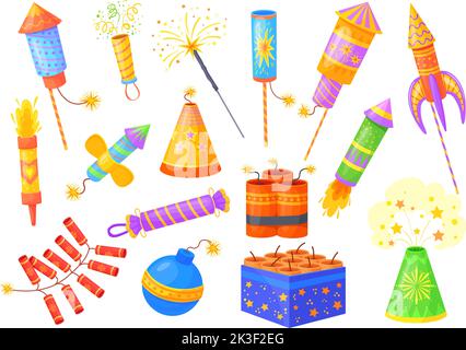 Cartes de dessin animé. Festin de frégraker et feux d'artifice, des crackers de feu d'explosion pyrotechnique feu d'artifice saluez fête fête fête fête fête fête fête fête fête fête fête confetti, illustration vectorielle de frégracker et pétard de festival Illustration de Vecteur