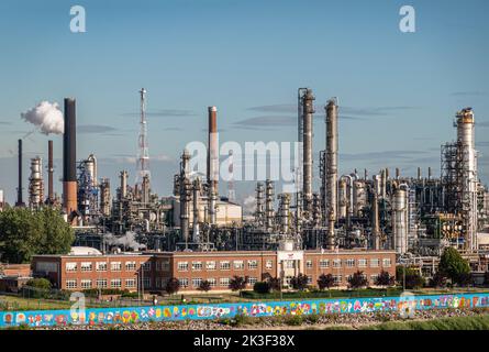 Anvers, Flandre, Belgique - 10 juillet 2022: Industrie le long de l'Escaut. Mur coloré sur le rivage séparant la rivière de la route et TotalEnergies re Banque D'Images