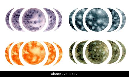Phases de lune en quatre aquarelles : violet, vert, orange et gris. Éléments isolés sur fond blanc Banque D'Images