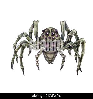 Araignées aquarelles dessinées à la main pour Halloween pour menus, autocollants, cartes de vœux, invitations, bannières, décors, mascarade, décorations de fête. Banque D'Images