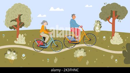 Personnes âgées à vélo dans le parc d'été. Couple de personnes âgées gaies vie active. Homme et femme âgés retraités à vélo, vieux personnages sport, activité dessin vectoriel linéaire plat de dessin animé Illustration de Vecteur