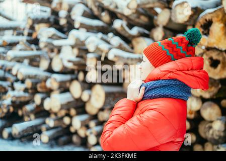 portrait d'une fille en hiver sur fond de bois de chauffage par temps froid. Banque D'Images