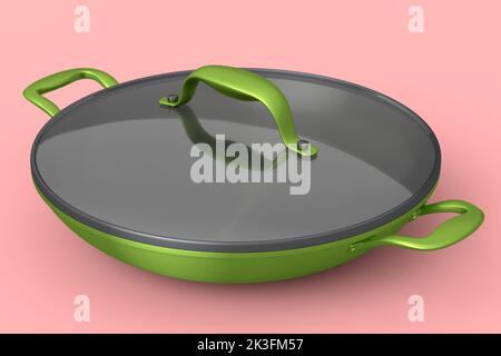 Poêle ou wok avec couvercle en verre sur fond rose. 3d rendu des ustensiles de cuisine antiadhésifs Banque D'Images