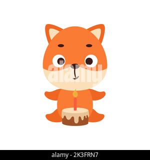 Joli petit renard avec gâteau d'anniversaire sur fond blanc. Personnage animal de dessin animé pour enfants cartes, douche de bébé, invitation, affiche, composition de t-shirts, Illustration de Vecteur