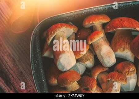 Champignons porcini frais sur un plateau dans la cuisine. Photo de haute qualité Banque D'Images