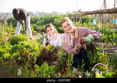 Agricultrices, femme et jeune fille, tenant des betteraves fraîches Banque D'Images