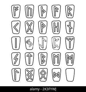 Runes viking, alphabet futhark ancien. Runes scandinaves rétro. Croquis celtique anciennes lettres. Vieux hiéroglyphique occulte ensemble icônes. Vikin médiéval Banque D'Images