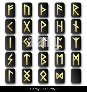 Jeu de runes de jeu, alphabet antique nordique, symboles viking celtic futumark gravés sur des pièces en bois.Signes occulte ésotériques, interface utilisateur mystique ou design gui ele Banque D'Images