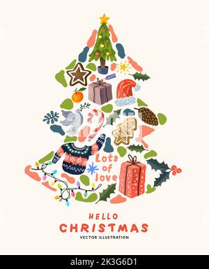 Sapin de Noël joyeux motifs de décoration faits à la main, y compris des plantes, des lumières et des gâteries festives! Illustration vectorielle. Illustration de Vecteur