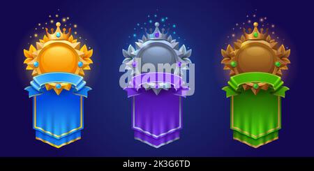 Cadres de jeu pour avatar ou taux de niveau. Badges vides en or, argent et bronze avec bannières royales et icônes d'interface utilisateur. Éléments graphiques bonus isolés, récompense, réalisation de trophées et jeu de vecteurs de dessin animé Illustration de Vecteur