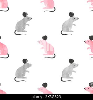 Joli motif souris rose et gris sans couture. Arrière-plan vectoriel avec souris cartoon. Illustration de Vecteur