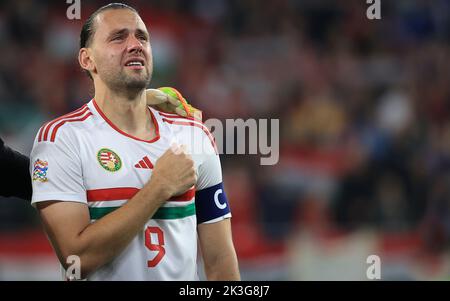 Budapest, Hongrie, 26 septembre 2022. BUDAPEST, HONGRIE - SEPTEMBRE 26 : Adam Szalai dans la Ligue des Nations de l'UEFA Un match du Groupe 3 entre la Hongrie et l'Italie à l'arène de Puskas sur 26 septembre 2022 à Budapest, Hongrie. Banque D'Images