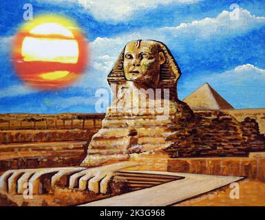 Peinture couleur d'huile peinture d'art ancien Egyptien ancien , sphinx Banque D'Images