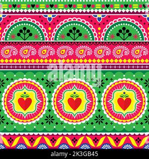 Motif vectoriel d'art pakistanais ou indiens avec coeurs et fleurs, motif fleuri de camion de jingle Illustration de Vecteur